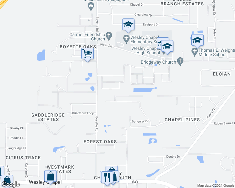 map of restaurants, bars, coffee shops, grocery stores, and more near 30131 Rattana Court in Wesley Chapel