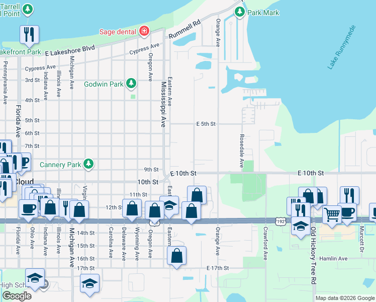 map of restaurants, bars, coffee shops, grocery stores, and more near 708 Grape Avenue in Saint Cloud