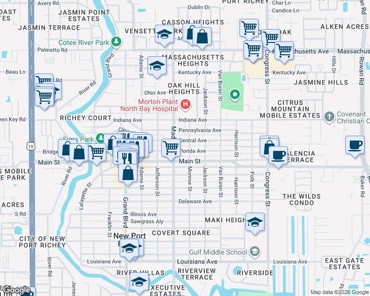 map of restaurants, bars, coffee shops, grocery stores, and more near 6028 Florida Avenue in New Port Richey