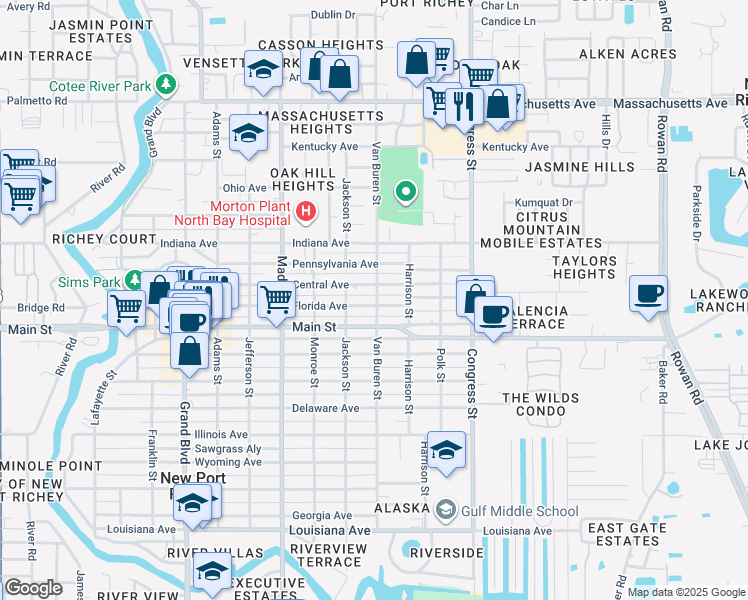map of restaurants, bars, coffee shops, grocery stores, and more near 6221 Florida Avenue in New Port Richey