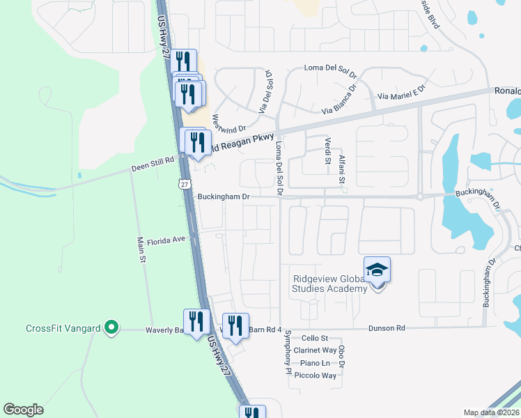 map of restaurants, bars, coffee shops, grocery stores, and more near 220 Burford Circle in Davenport
