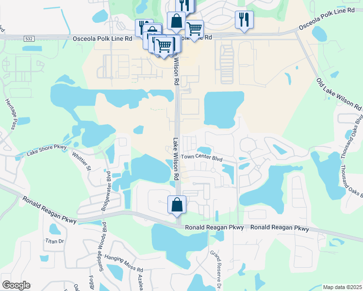 map of restaurants, bars, coffee shops, grocery stores, and more near 209 Town Center Boulevard in Davenport