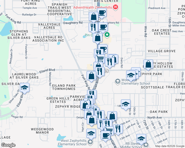 map of restaurants, bars, coffee shops, grocery stores, and more near 6429 Gall Boulevard in Zephyrhills