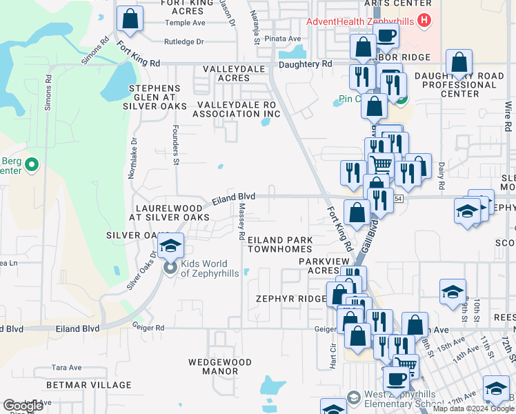 map of restaurants, bars, coffee shops, grocery stores, and more near 37524 Eiland Boulevard in Zephyrhills