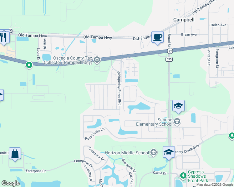 map of restaurants, bars, coffee shops, grocery stores, and more near 1737 Conifer Avenue in Kissimmee