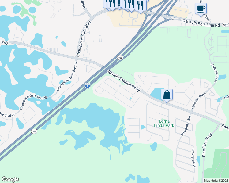 map of restaurants, bars, coffee shops, grocery stores, and more near 452 Seattle Slew Drive in Davenport