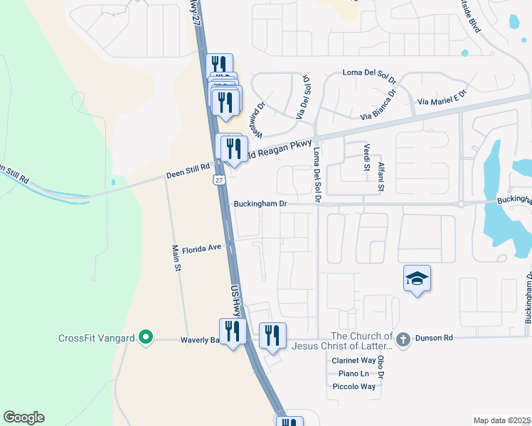 map of restaurants, bars, coffee shops, grocery stores, and more near 6525 Ronald Reagan Parkway in Davenport