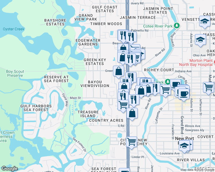 map of restaurants, bars, coffee shops, grocery stores, and more near 6414 Oelsner Street in New Port Richey