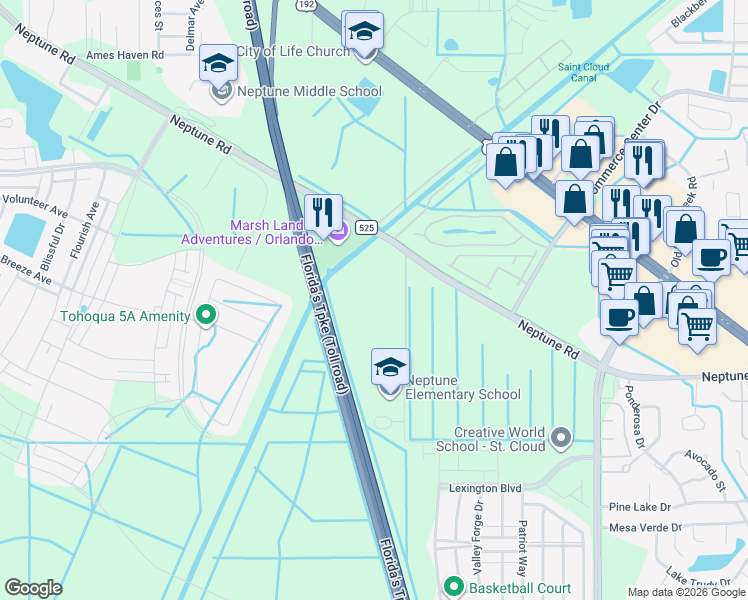 map of restaurants, bars, coffee shops, grocery stores, and more near 5101 Neptune Road in Kissimmee