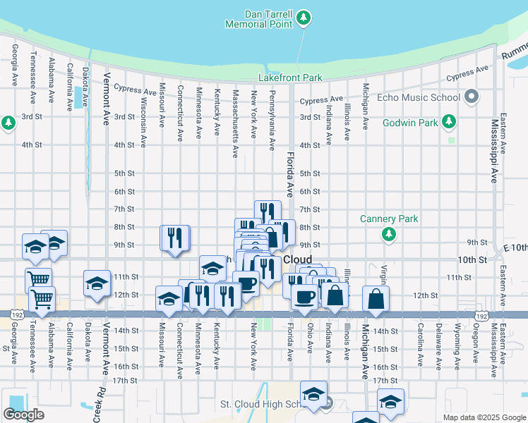 map of restaurants, bars, coffee shops, grocery stores, and more near 1213 7th Street in St. Cloud