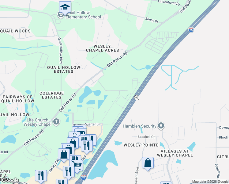 map of restaurants, bars, coffee shops, grocery stores, and more near Unnamed Road in Wesley Chapel