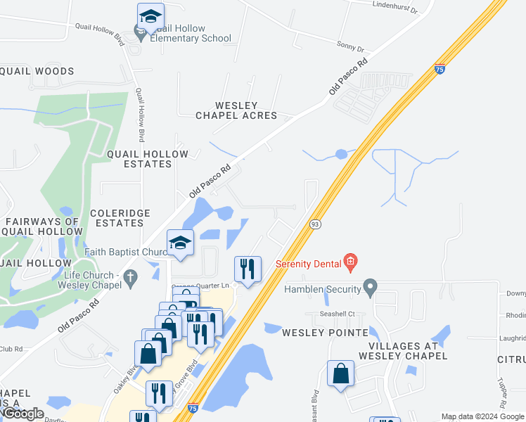map of restaurants, bars, coffee shops, grocery stores, and more near Unnamed Road in Wesley Chapel