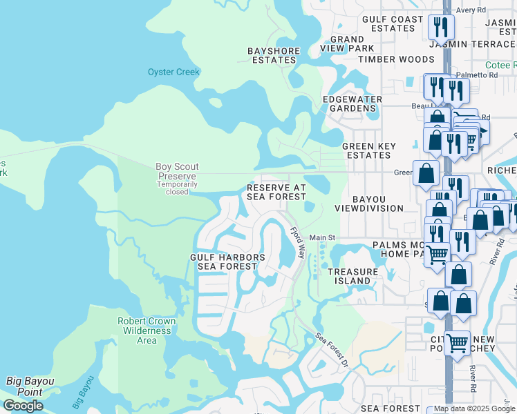 map of restaurants, bars, coffee shops, grocery stores, and more near 6410 Drake Court in New Port Richey