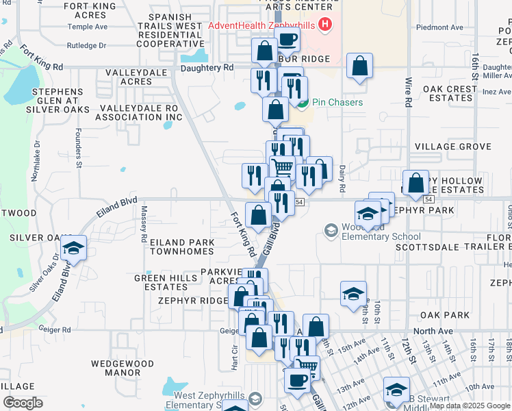 map of restaurants, bars, coffee shops, grocery stores, and more near 6312 Hoover Street in Zephyrhills