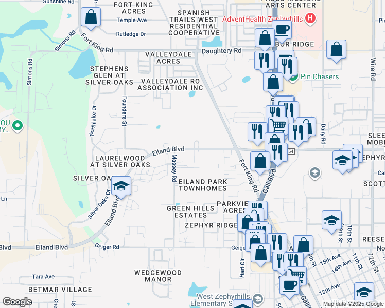 map of restaurants, bars, coffee shops, grocery stores, and more near 37524 Eiland Boulevard in Zephyrhills