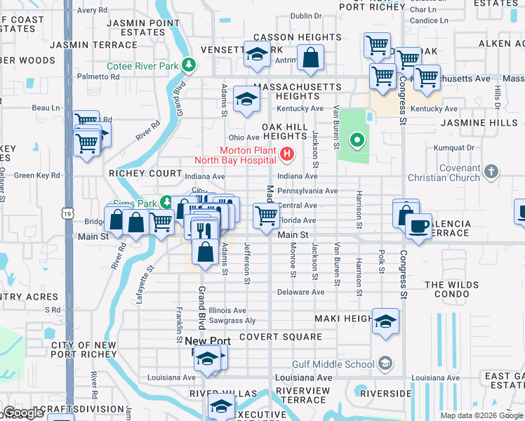map of restaurants, bars, coffee shops, grocery stores, and more near 5931 Florida Avenue in Port Richey