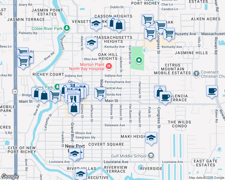 map of restaurants, bars, coffee shops, grocery stores, and more near 6028 Florida Avenue in New Port Richey