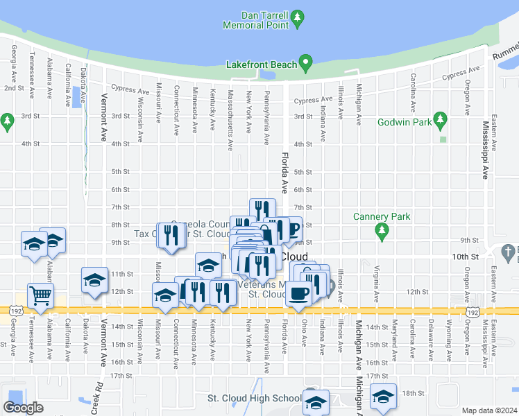 map of restaurants, bars, coffee shops, grocery stores, and more near 1211 7th Street in St. Cloud