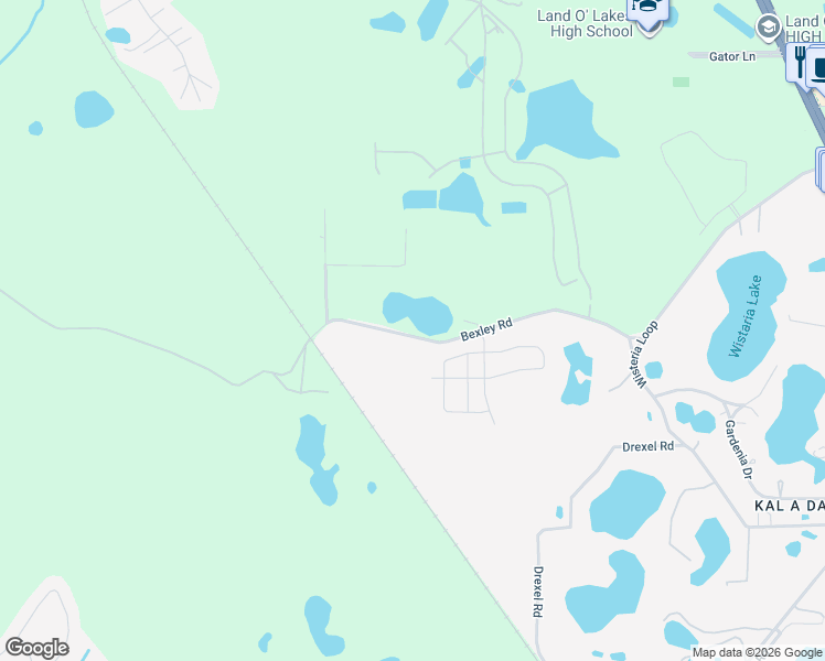 map of restaurants, bars, coffee shops, grocery stores, and more near 19701 Bexley Road in Land O' Lakes