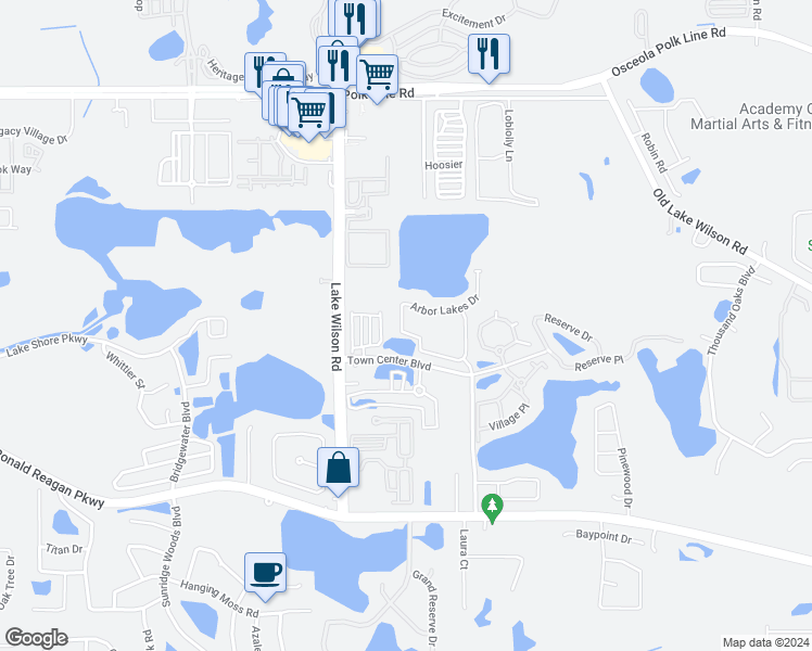 map of restaurants, bars, coffee shops, grocery stores, and more near 237 Arbor Lakes Drive in Davenport