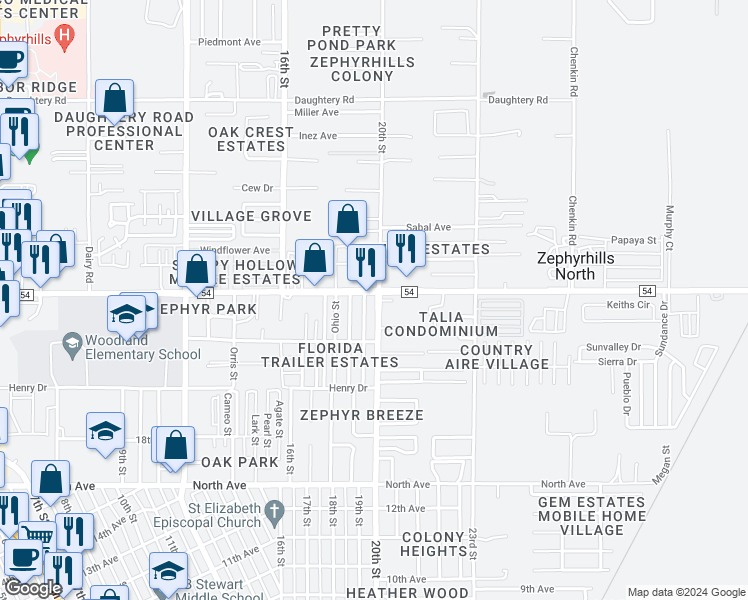 map of restaurants, bars, coffee shops, grocery stores, and more near 6443 20th Street in Zephyrhills