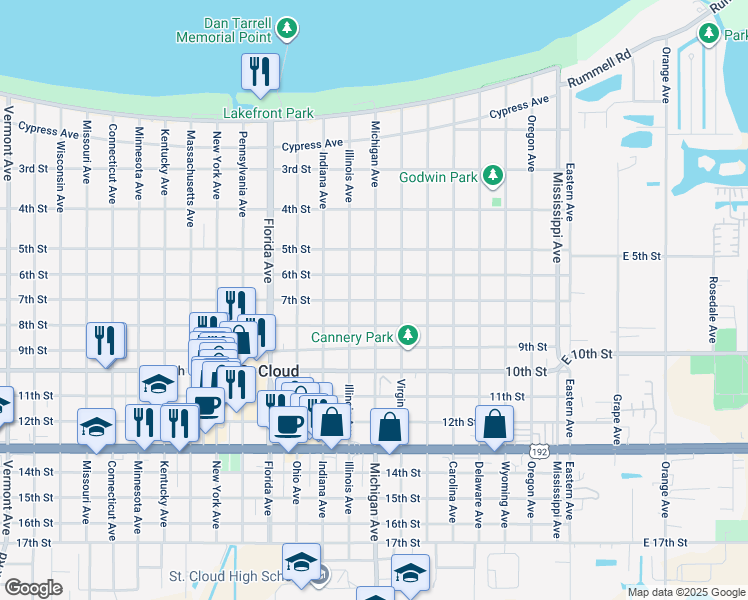 map of restaurants, bars, coffee shops, grocery stores, and more near 713 Illinois Avenue in St. Cloud