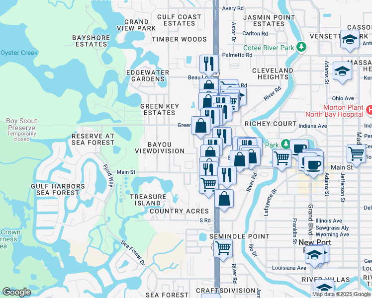 map of restaurants, bars, coffee shops, grocery stores, and more near 6414 Oelsner Street in New Port Richey