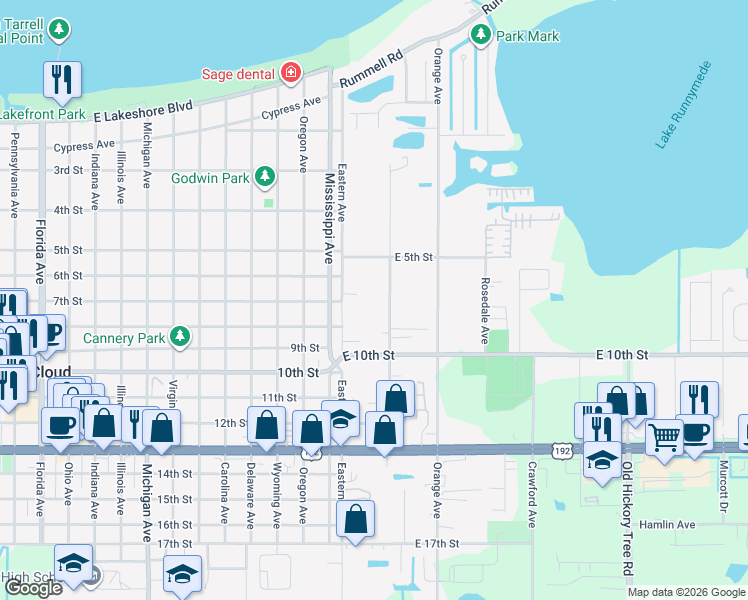 map of restaurants, bars, coffee shops, grocery stores, and more near 708 Grape Avenue in St. Cloud