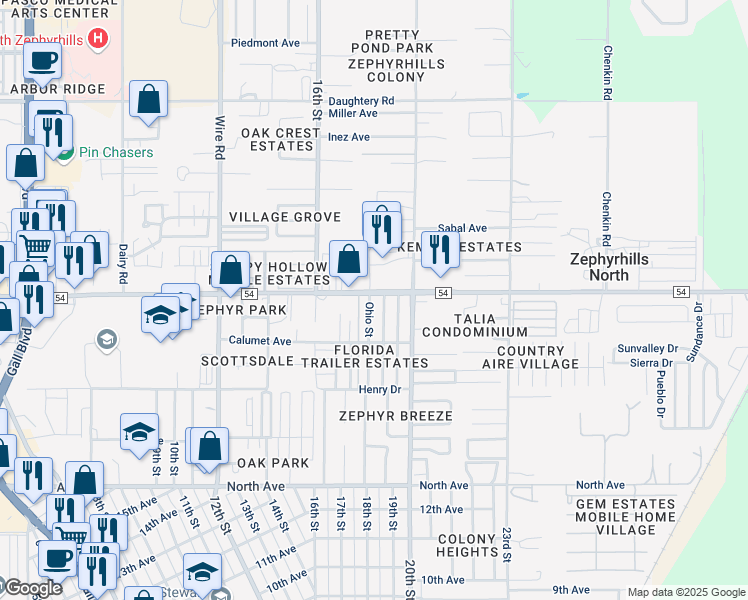 map of restaurants, bars, coffee shops, grocery stores, and more near 6423 New York Street in Zephyrhills
