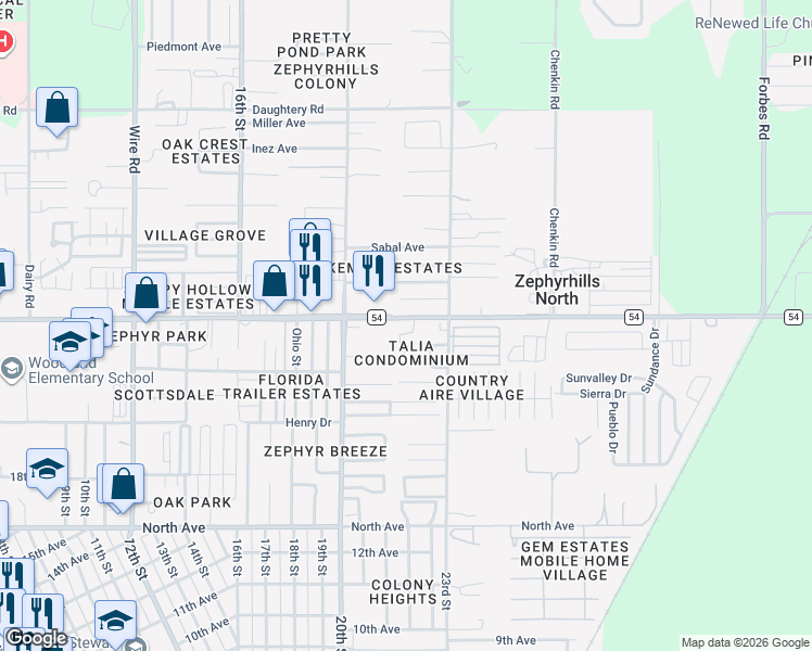 map of restaurants, bars, coffee shops, grocery stores, and more near 39132 County Road in Zephyrhills