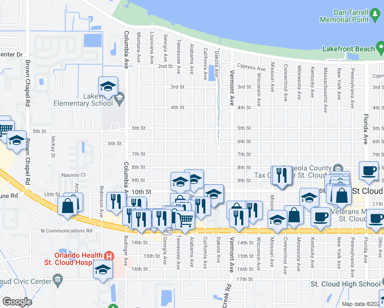 map of restaurants, bars, coffee shops, grocery stores, and more near 2398 7th Street in Saint Cloud