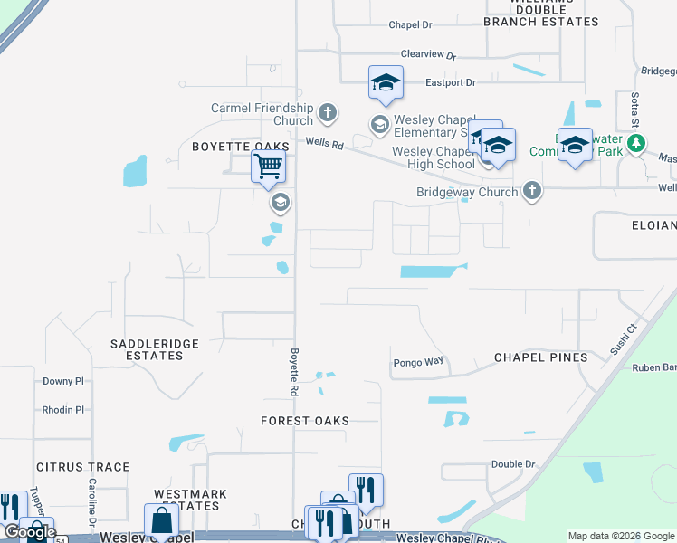 map of restaurants, bars, coffee shops, grocery stores, and more near 30115 Rattana Court in Wesley Chapel