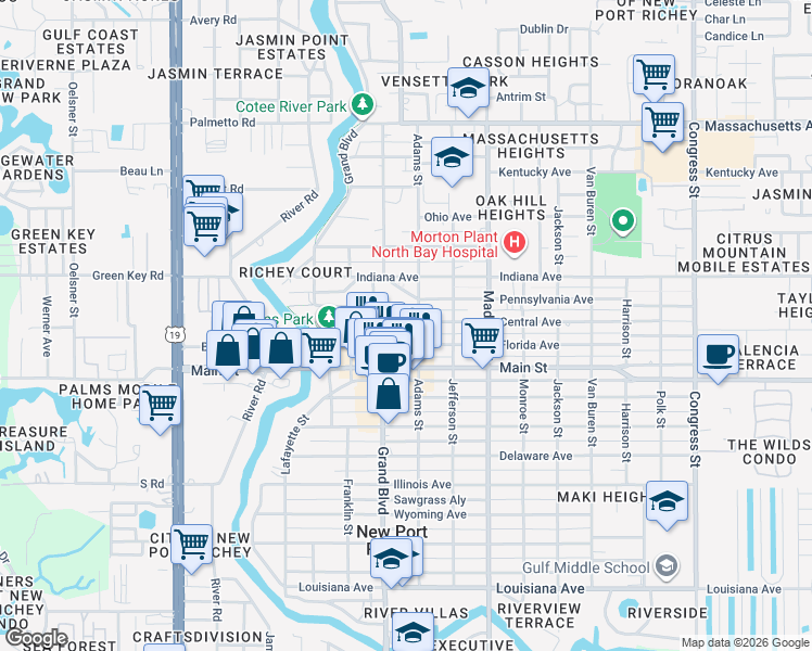 map of restaurants, bars, coffee shops, grocery stores, and more near 5810 Central Avenue in New Port Richey