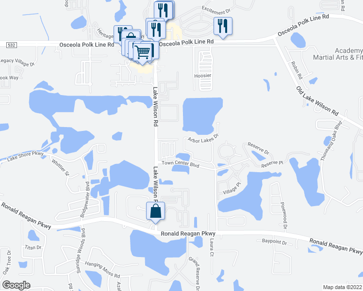 map of restaurants, bars, coffee shops, grocery stores, and more near 224 Arbor Lakes Drive in Davenport