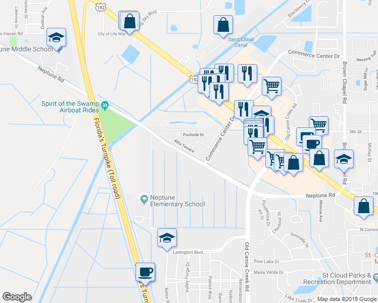 map of restaurants, bars, coffee shops, grocery stores, and more near 4921 Alita Terrace in Saint Cloud