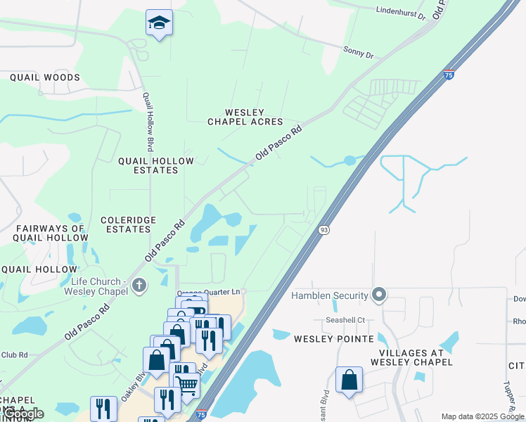 map of restaurants, bars, coffee shops, grocery stores, and more near 6778 Old Pasco Road in Zephyrhills