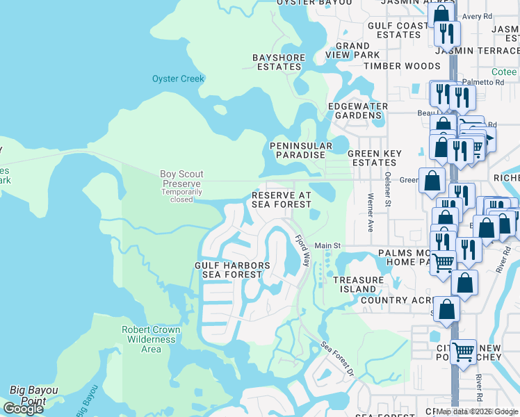 map of restaurants, bars, coffee shops, grocery stores, and more near 6440 Drake Court in New Port Richey