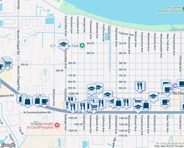 map of restaurants, bars, coffee shops, grocery stores, and more near 623 Tennessee Avenue in Saint Cloud