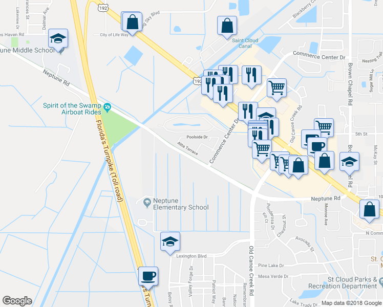 map of restaurants, bars, coffee shops, grocery stores, and more near 4925 Alita Terrace in Saint Cloud