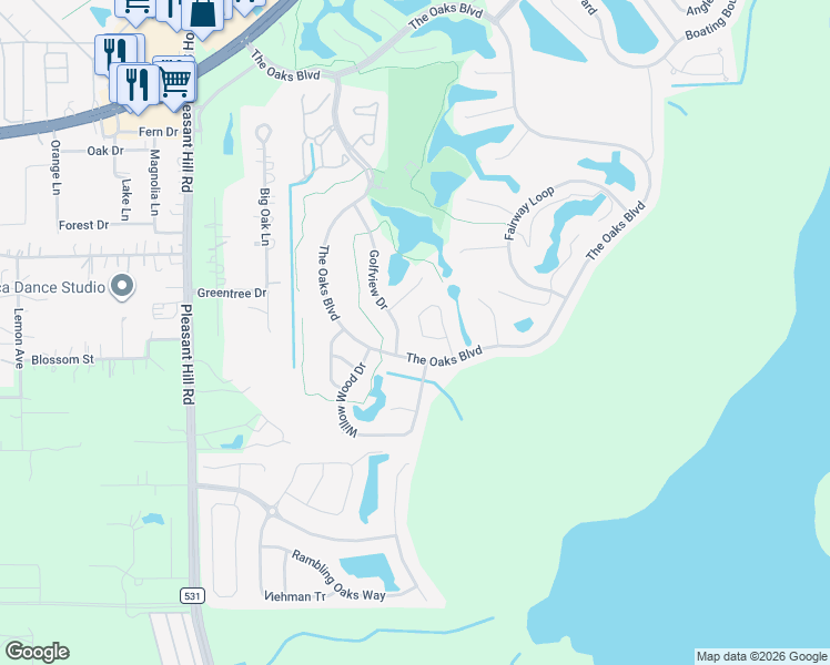 map of restaurants, bars, coffee shops, grocery stores, and more near 1841 Wedgewood Way in Kissimmee