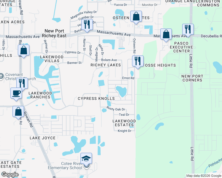 map of restaurants, bars, coffee shops, grocery stores, and more near 7744 Oldfield Road in New Port Richey