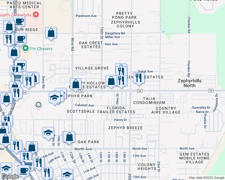 map of restaurants, bars, coffee shops, grocery stores, and more near 38825 County Road 54 in Zephyrhills