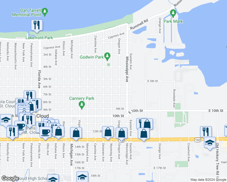 map of restaurants, bars, coffee shops, grocery stores, and more near 609 Wyoming Avenue in St. Cloud
