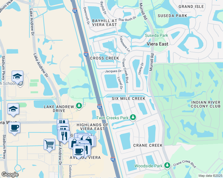 map of restaurants, bars, coffee shops, grocery stores, and more near 2108 Lionel Drive in Melbourne