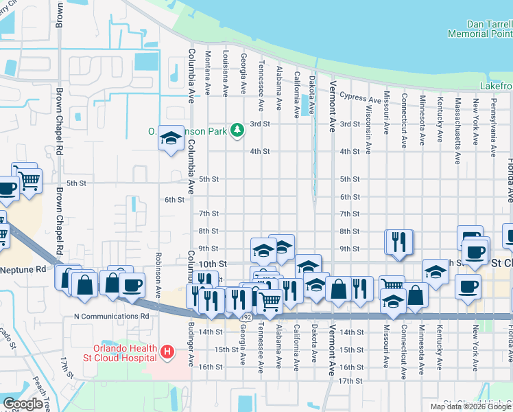 map of restaurants, bars, coffee shops, grocery stores, and more near 601 Tennessee Avenue in St. Cloud