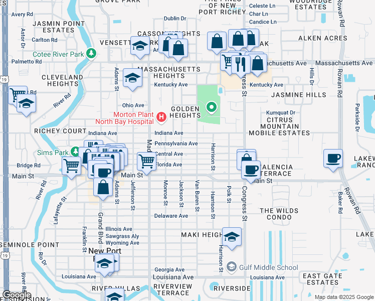 map of restaurants, bars, coffee shops, grocery stores, and more near 6501 Van Buren Street in New Port Richey