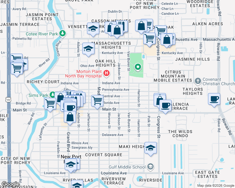 map of restaurants, bars, coffee shops, grocery stores, and more near 6127 Pennsylvania Avenue in New Port Richey