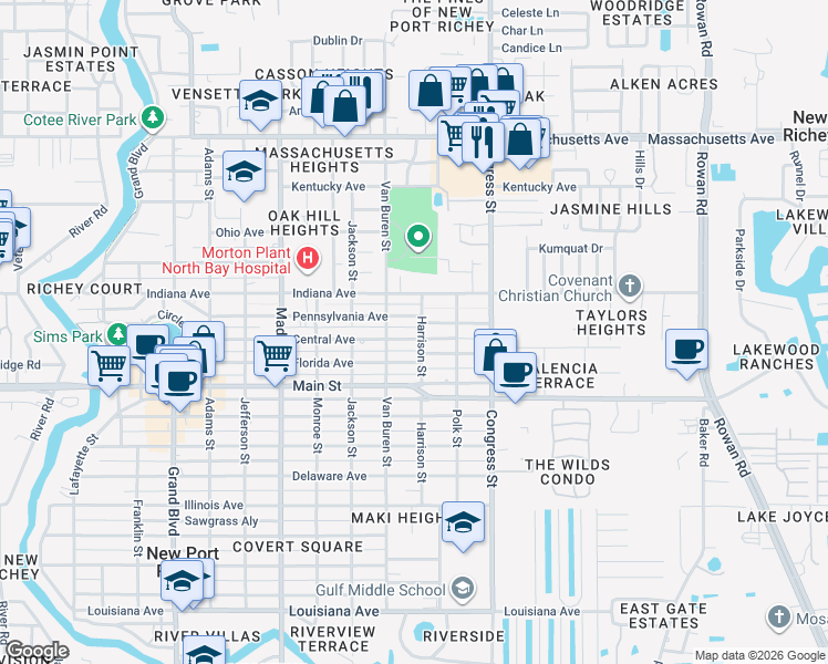 map of restaurants, bars, coffee shops, grocery stores, and more near 6508 Harrison Street in New Port Richey