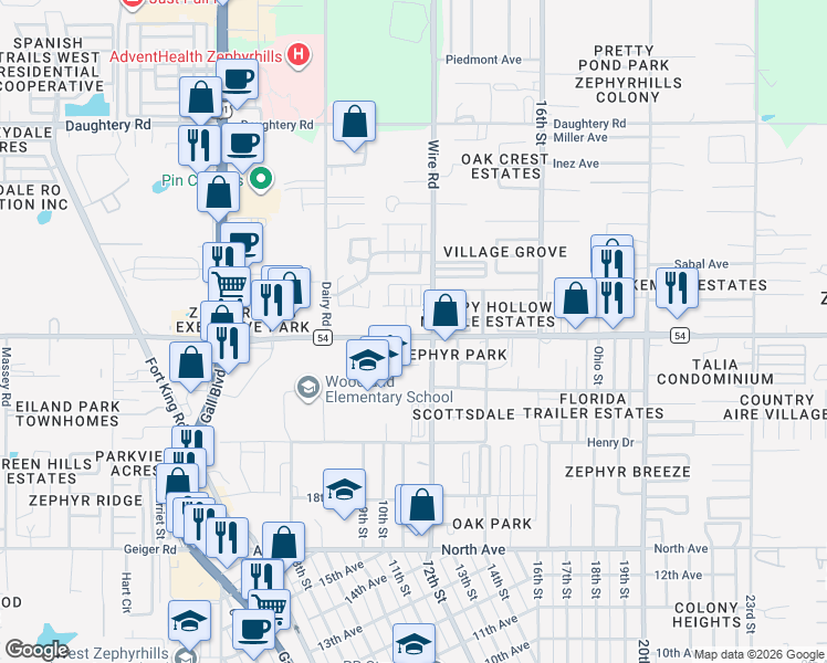 map of restaurants, bars, coffee shops, grocery stores, and more near 38465 County Road 54 in Zephyrhills