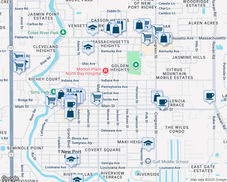 map of restaurants, bars, coffee shops, grocery stores, and more near 6127 Pennsylvania Avenue in New Port Richey